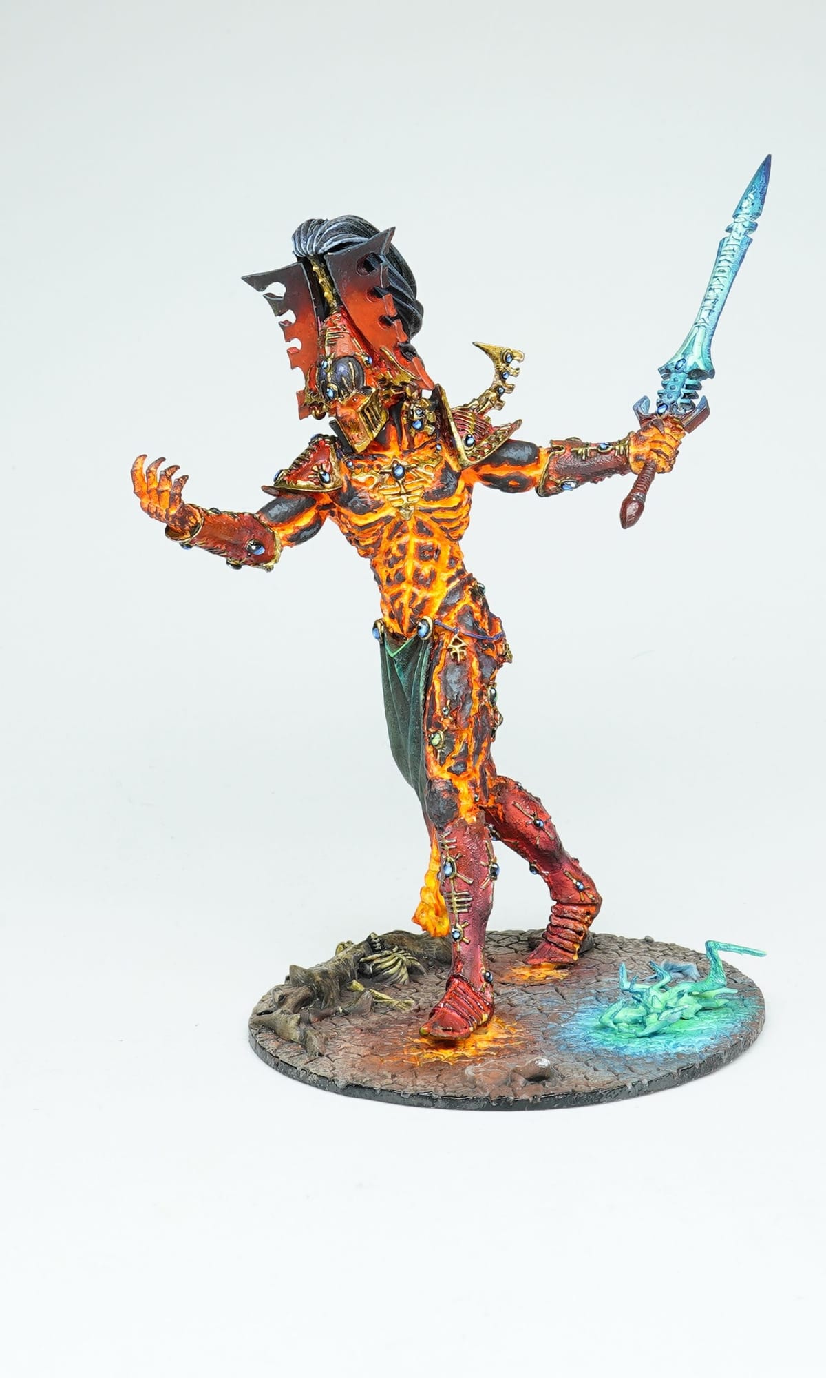 A warrior in warm orange tones holding a glowing blue sword